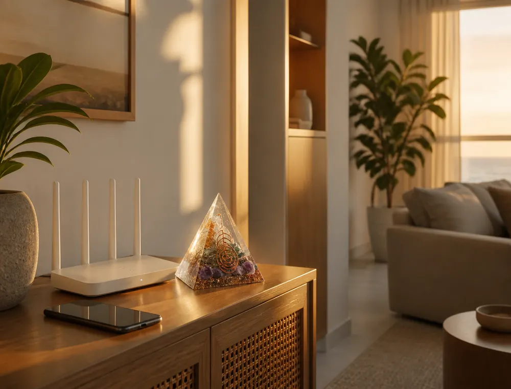 Orgonit Pyramide neben WLAN-Router im Wohnzimmer – DOR Guide